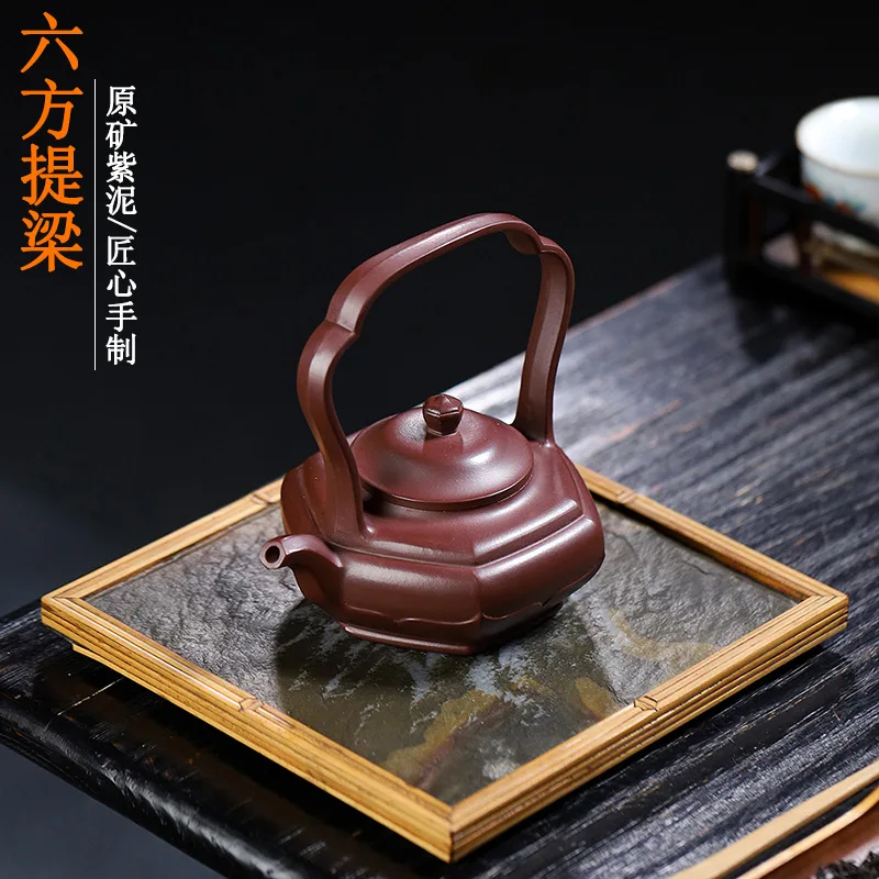 High Quality Hexagonal Loop-Handled Teapot Yixing Handmade Clay Tea Set Ore Purple