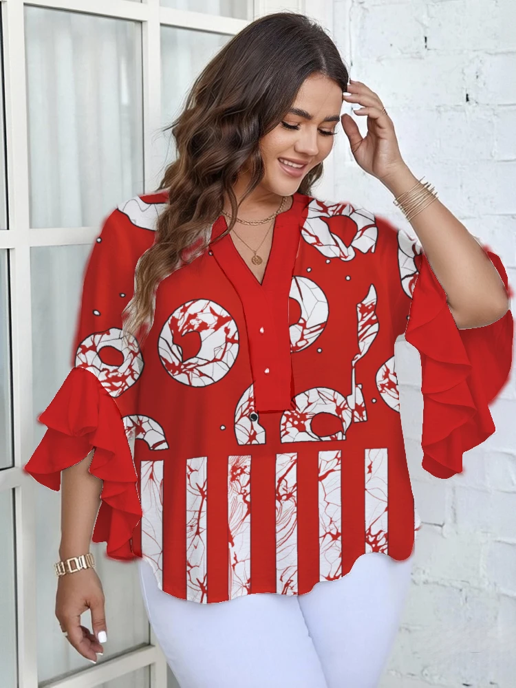 

Plus Size Women's Blouse Bohemian Abstract Print V Neck Shirts Casual Oversized Vintage Summer 3/4 Ruffle Sleeve Chic Tunic Tops