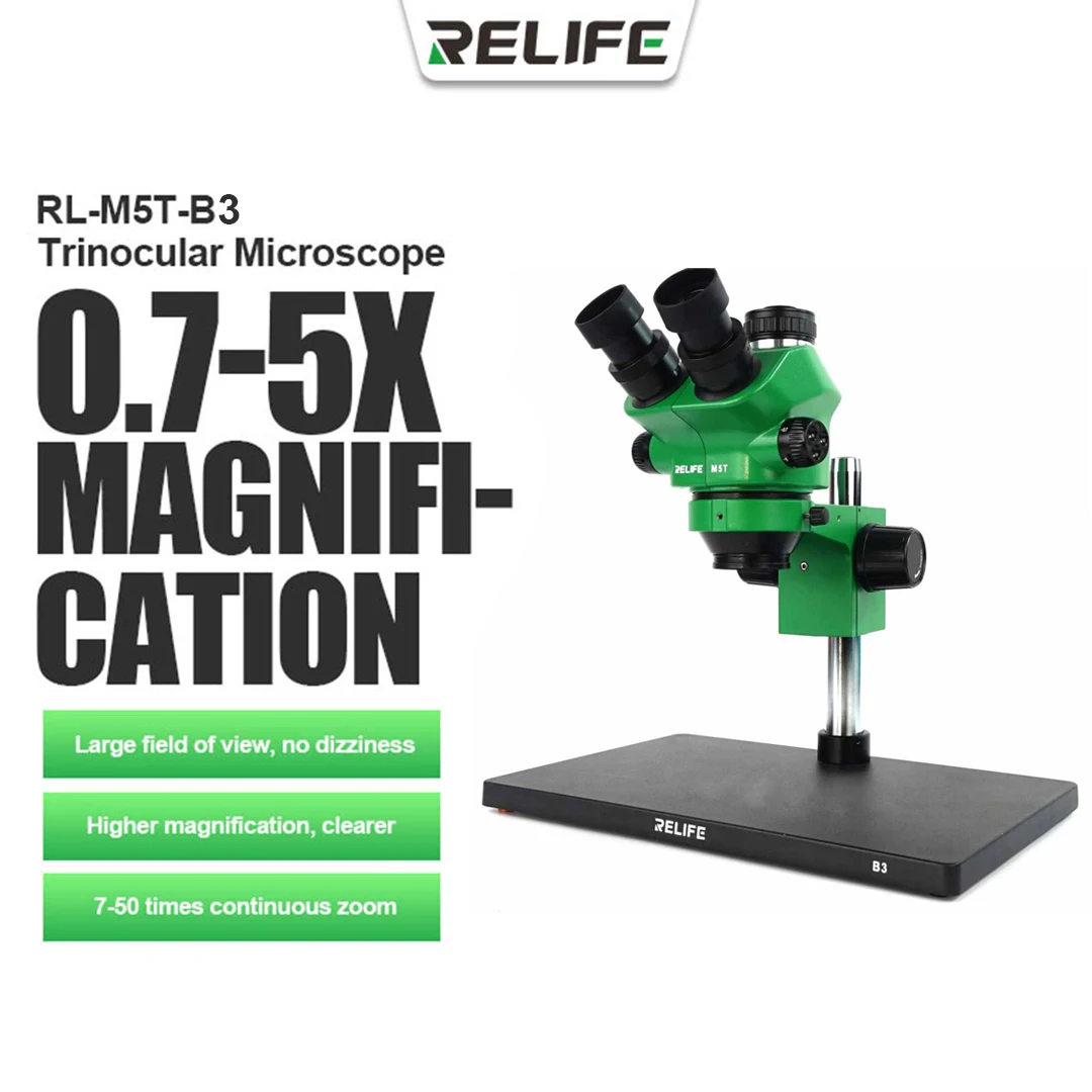 

RELIFE RL-M5T-B3 0.7-5.0X Trinocular HD Stereo Microscope Continuous Zoom Focus HD Wide Angle Mobile Phone Repair Microscope