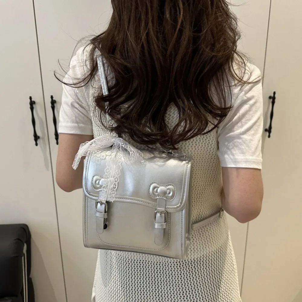 

Portable Square Bow Backpack Small Pack Solid Color PU Backpack Shoulders Bag Handbag Student School Bag Gift