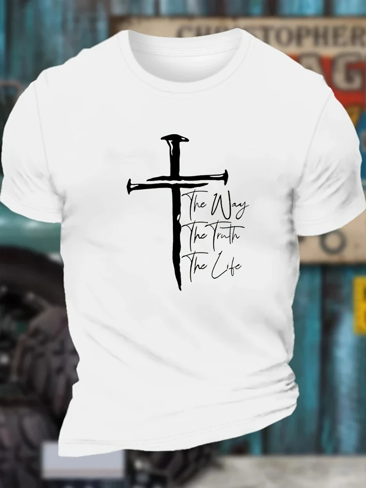 

Creative Christian cross print casual T-shirt with round neck and short sleeves, comfortable and casual summer T-shirt.