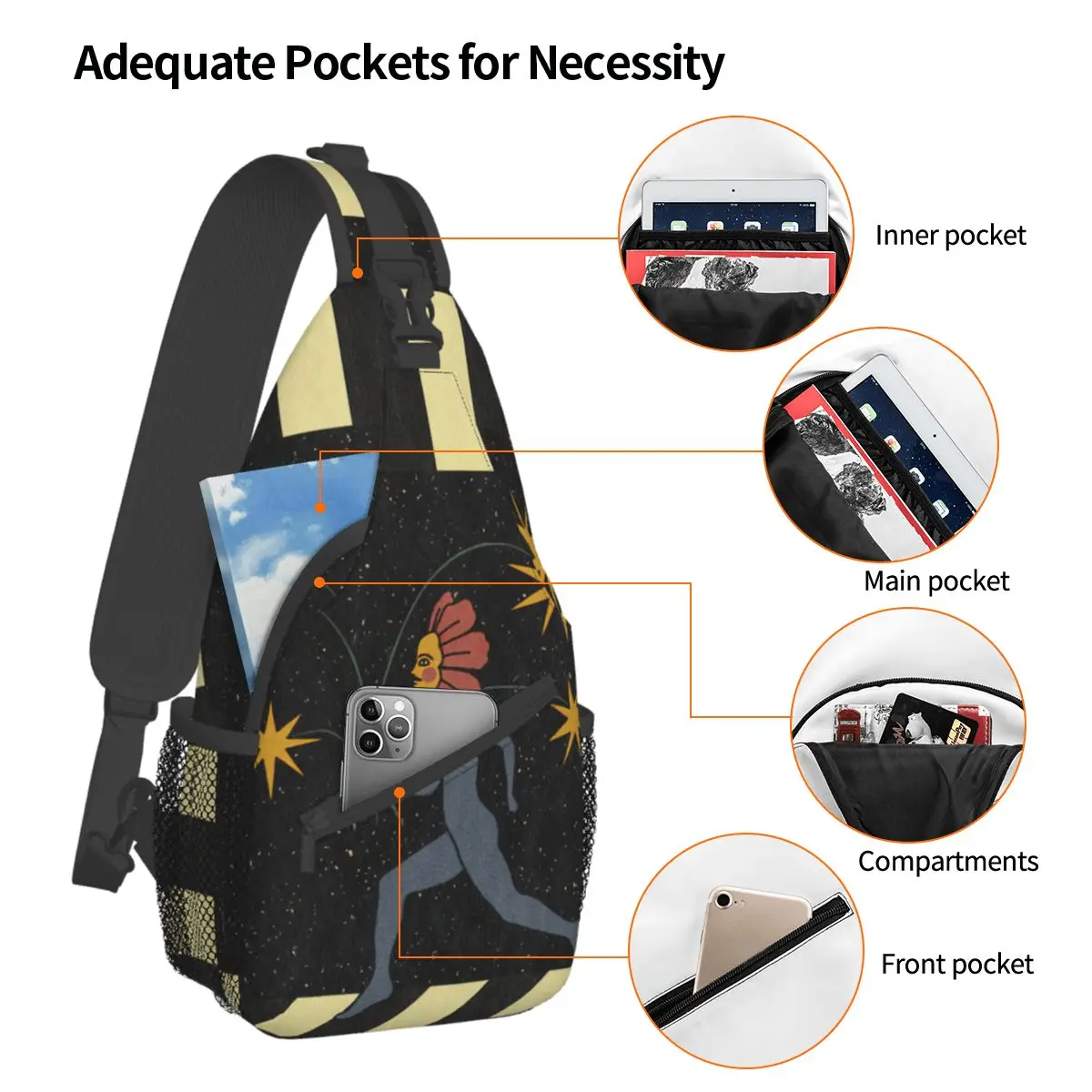 Witchcraft Sun Moon Star Flower Crossbody Sling Bags Print Chest Bag Aesthetic Shoulder Backpack Daypack Hiking Outdoor Camping