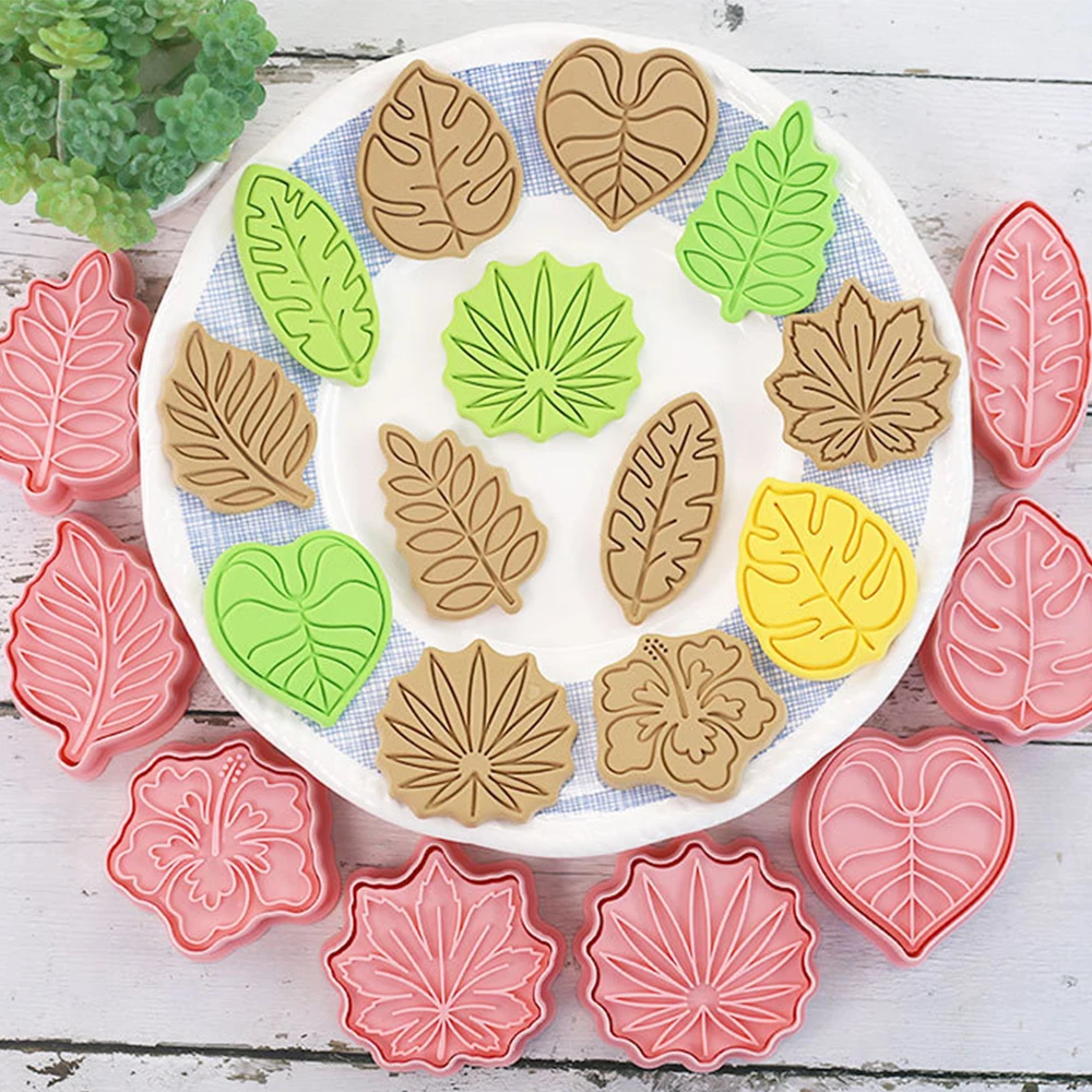 Cookies Cutter 8 Pieces Leaf Dough Stamp Plastic 3D Cartoon Pressable Biscuit Mold Confectionery Baking Pastry Bakeware