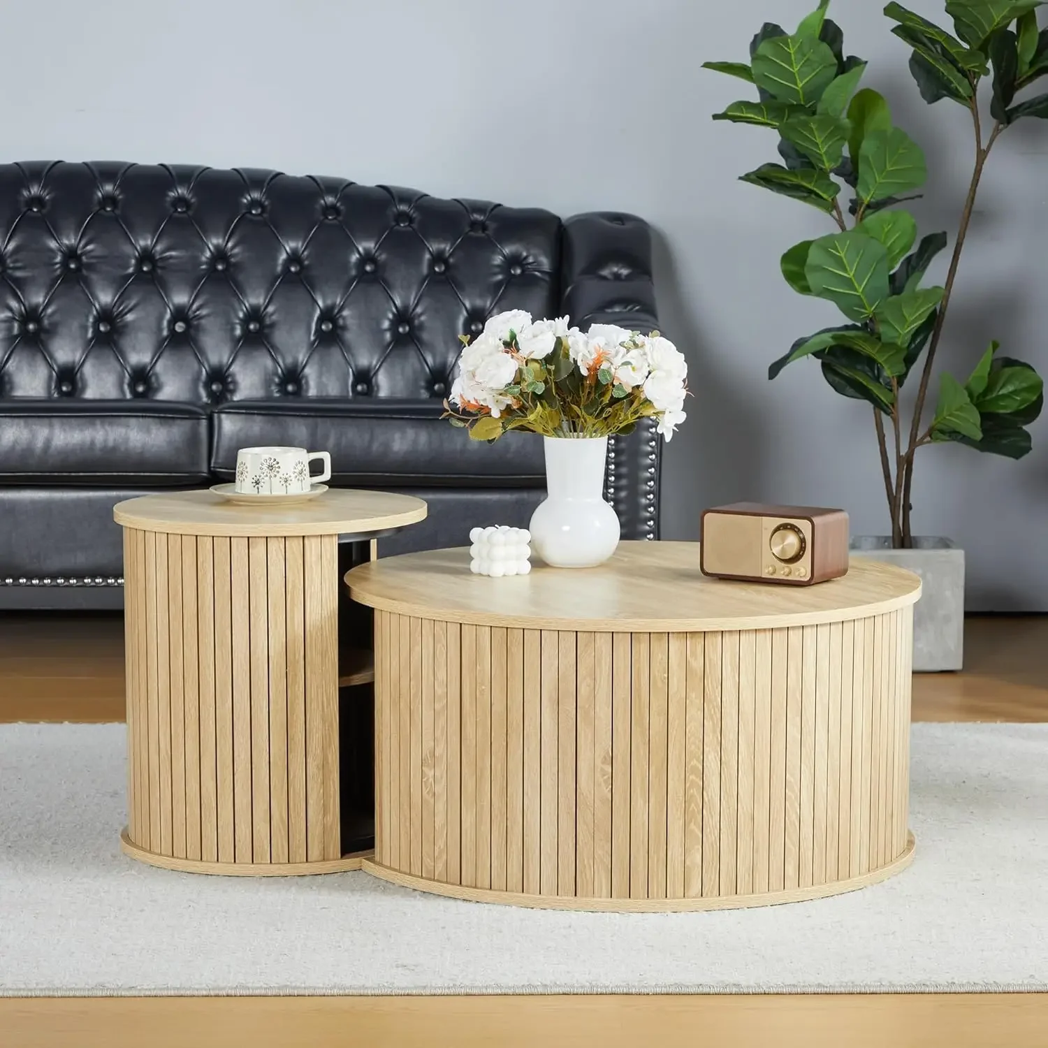 Coffee Table,Nesting Coffee Table Set of 2, Circle Side Table, Round Wooden Coffee Table for Living Room, Office, Balcony