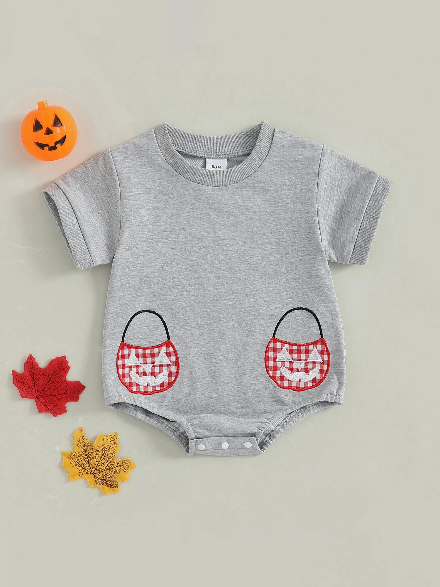 

Детский костюм на Хэллоуин с короткими рукавами и круглым вырезом, комбинезон с призрачным принтом, детский осенний комбинезон с вышивкой корзины в виде тыквы