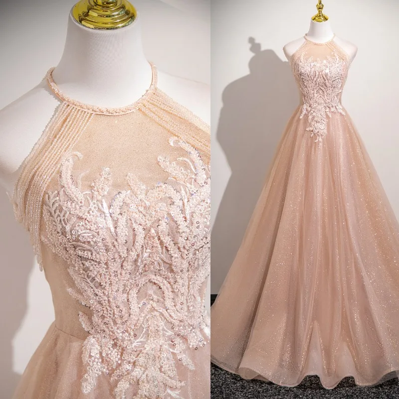 Abito da sera Collo rosa appeso Donna 2026 Nuovo banchetto di compleanno Abito da fidanzamento per matrimonio Vocale Host di riunioni annuali di fascia alta