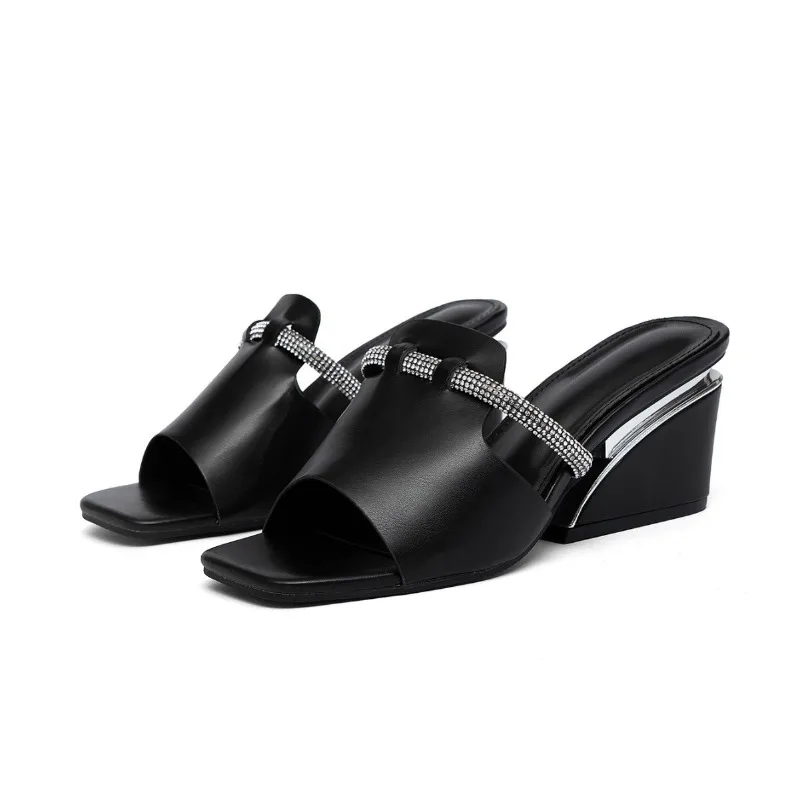 

Rhinestone Fashion Wedge Slippers for Women Peep Toe Summer New Leather Outdoors Slides Female Mules Casual High Heels Sandals