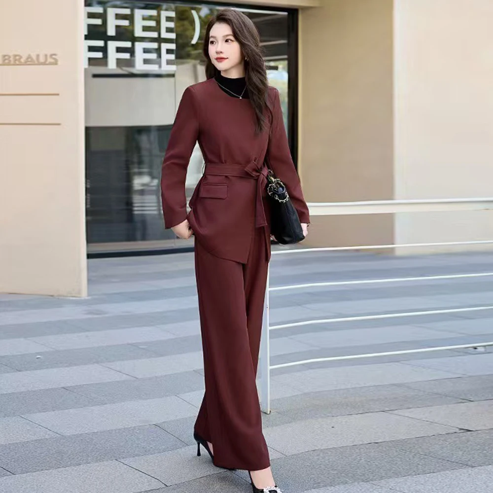 TWOTWINSTYLE Burgundy Two Piece Sets For Women Square Collar Long Sleeve Coats High Waist Straight Pant Casual Set Female New