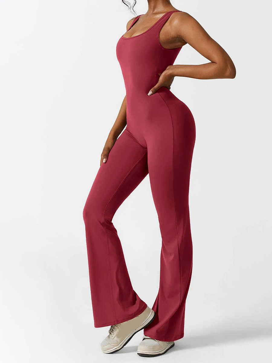 Women Spaghetti Strap Flare Jumpsuits Sleeveless Backless Bodycon Scrunch Butt Yoga Rompers Cutout Wide Leg Playsuit Clubwear