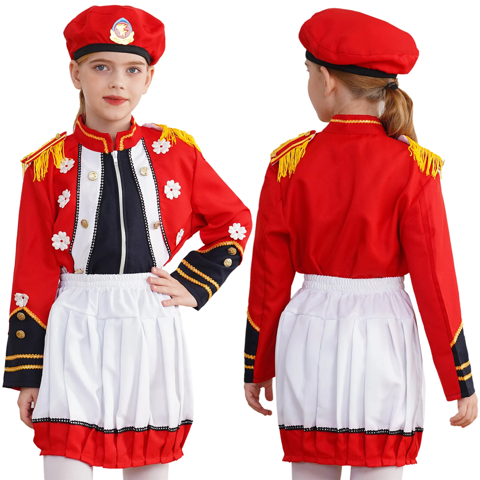 Girls Drum Trumpet Uniform Carnival Marching Band Honor Guard Performance Costume Flag Raising Outfit Top with Skirt Cap Set