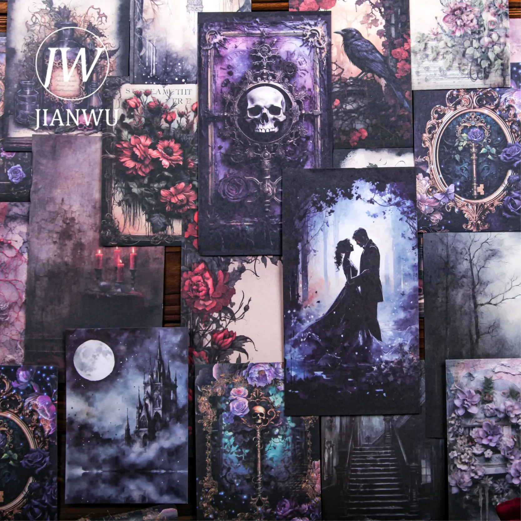 JIANWU Gothic Series Vintage Dark Flower Character Landscape Collage Scrapbooking Material Creative DIY Junk Journal Stationery