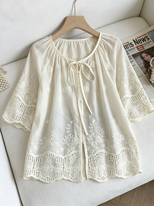 

Elegant Embroidered Shirt with Belt Loose Fit Short Sleeve Cover up Meat Slimming Doll Top for plus Size Women Summer New