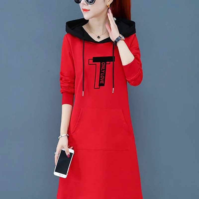 Fashion Hooded Spliced Pockets Letter Casual Dresses Female Clothing 2023 Autumn New Long Sleeve Loose Korean Mini Dress