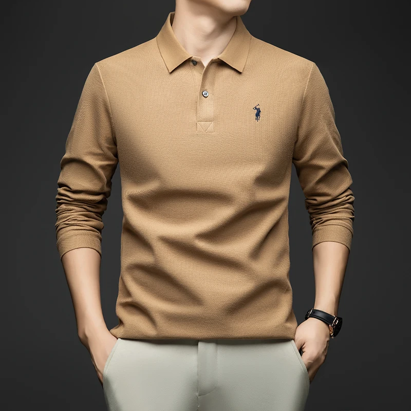 

Embroidered Long Sleeve T-Shirt Men's Turn-Down Collar Business Polo Shirt Loose Casual Underwear