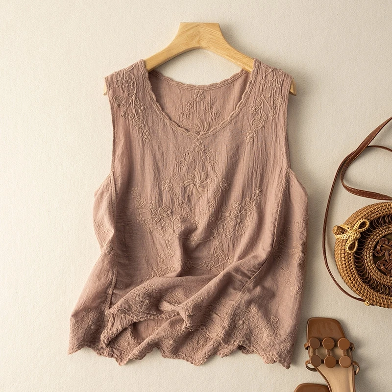 Women's Sleeveless Lace Cotton Shirts Blouses Summer Thin Sheer Embroidery Black White Green Pink Tank Top Boho Style Casual Top