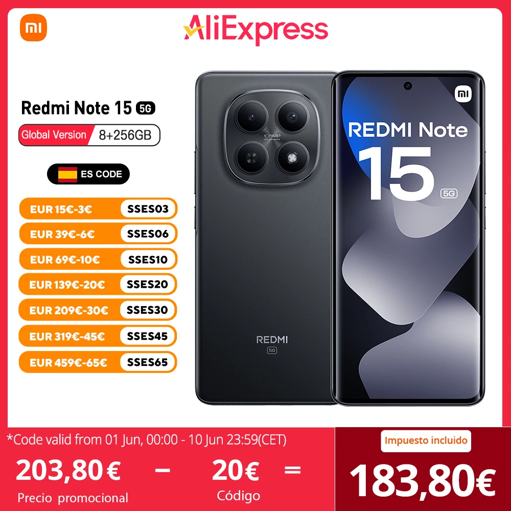 Xiaomi Redmi Note 15 5G Versión EU 8GB 256GB Snapdragon 6 Gen 3 Pantalla AMOLED de 6.77", 120Hz, 108 MP OIS, 5520mAh, IP65, NFC