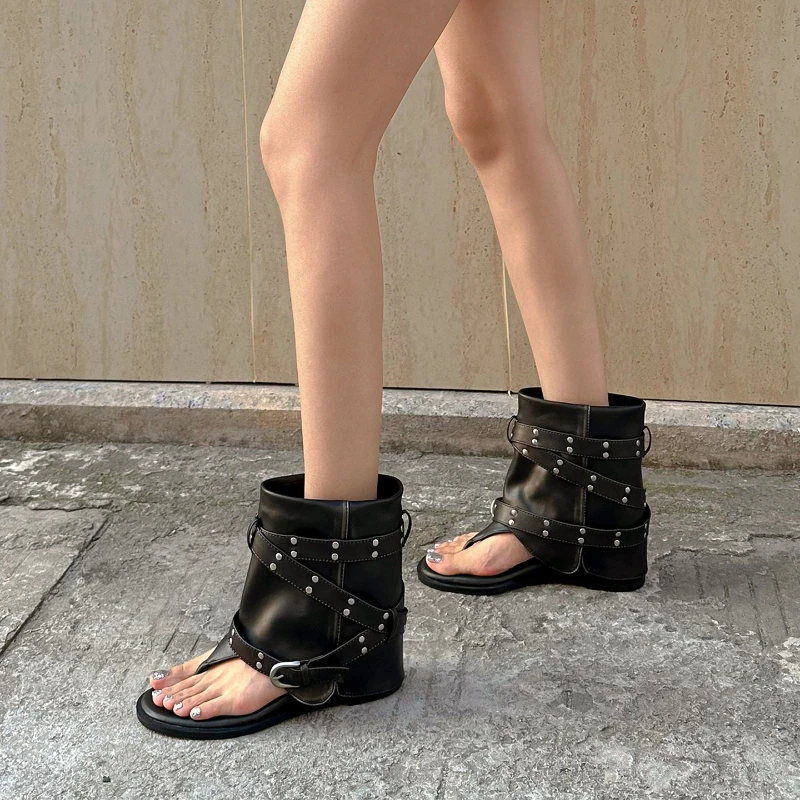 New Women Rivet Strap Thong Summer Boots Open Toe Cutout Leather Ankle Boots Vintage Y2K Western Buckle Gladiator Booties view 3