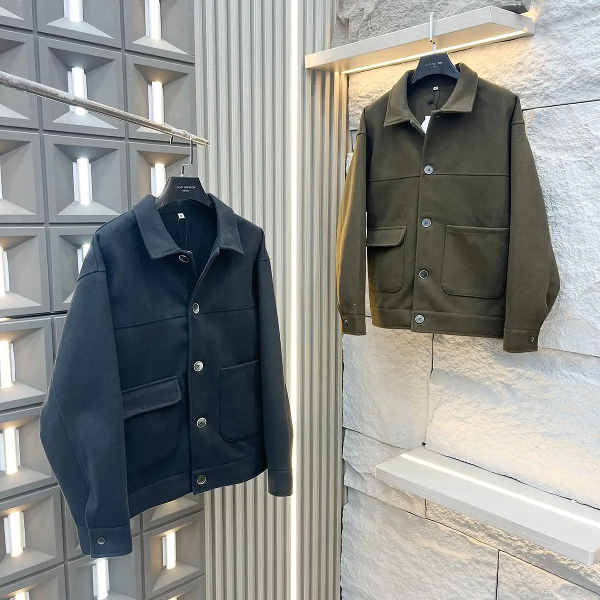 

Premium Quali! Fine Spun Wool! Spring New Men's Casual Woolen Jaet Coat Stand Fit Long Sve Faion Urban Sle