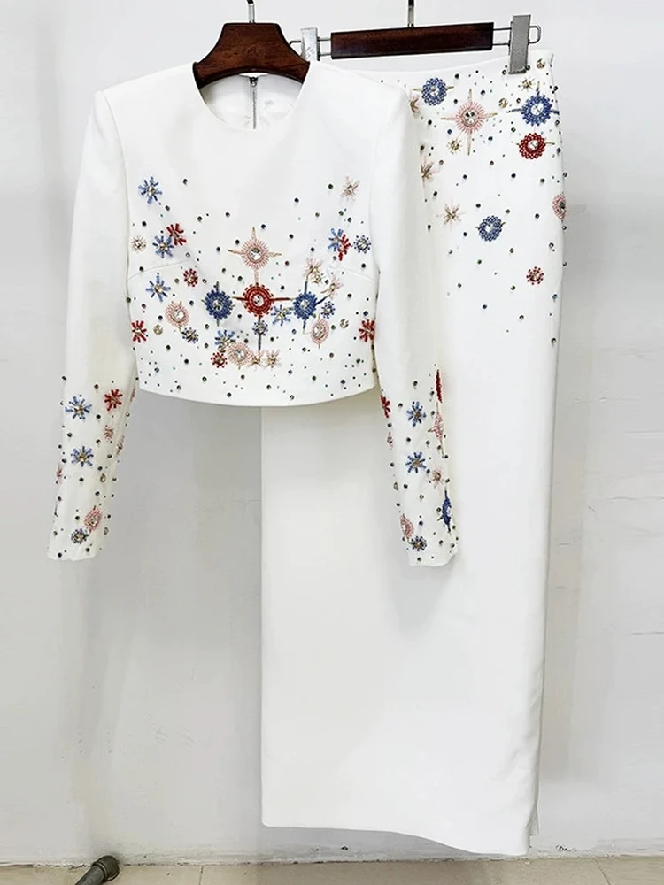 2025 Commuter Faion Star ort Diamond Embellished Top Gonna lunga Set Set due pezzi Heavy Work Sle Fibra di poliestere da donna...