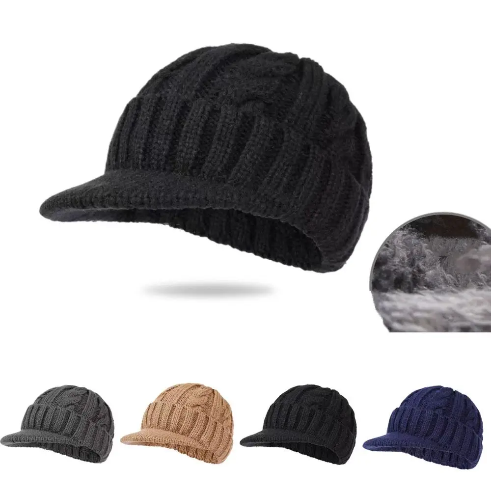Berretto lavorato a maglia da uomo con protezione per le orecchie in tinta unita autunno inverno caldo cappello con paraorecchie a tesa corta