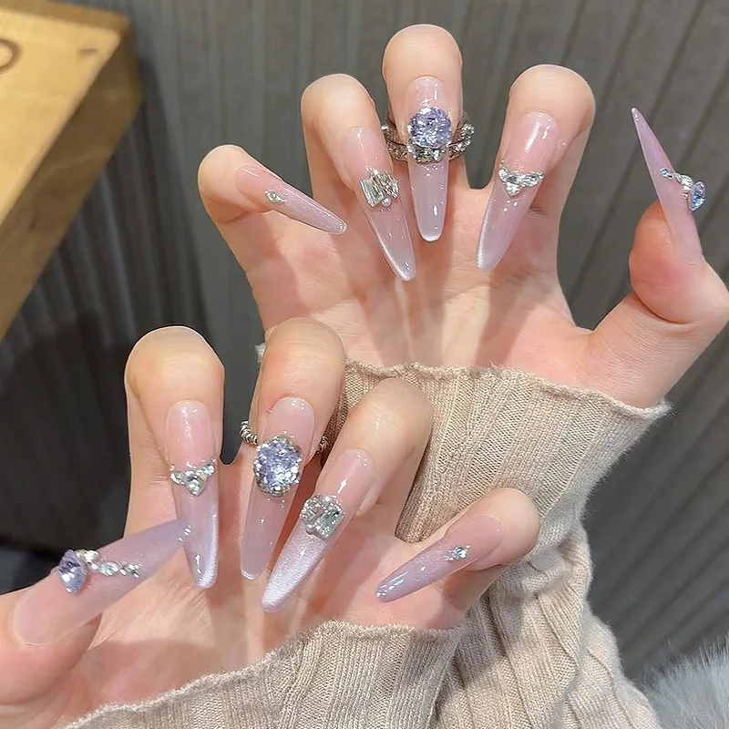 

24pcs 2026 Cat Eye False Nails for Gluing Rhinestone Decorated Nail Tips Extra Long Fake Nails with Design Cheap Press on Nails