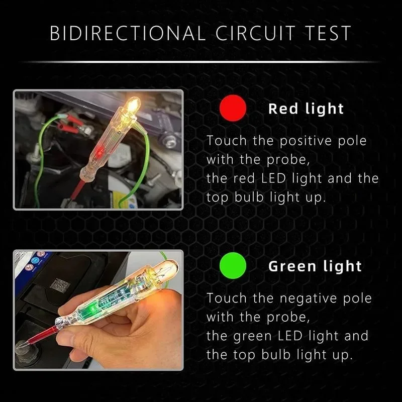 Probador de circuito LED automotriz, luz de prueba de 6-24V con sondas duales, pinza de cocodrilo de cable anticongelante de 47 pulgadas para pruebas, 1 ud.