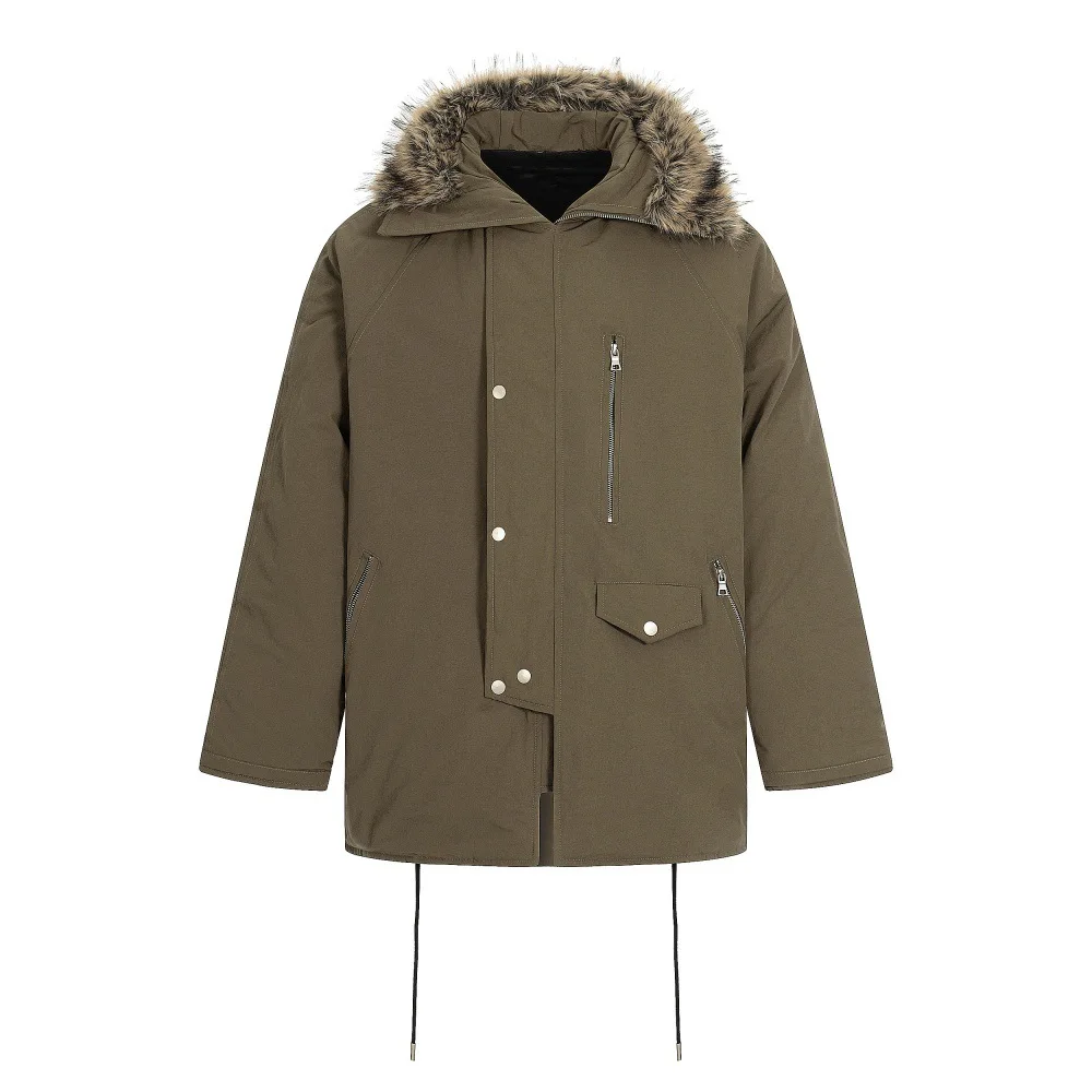 

American Fashion Brand Pocket Design Fur Collar Hooded Loose Mid-Length Cargo Padded Coat For Man In Winter