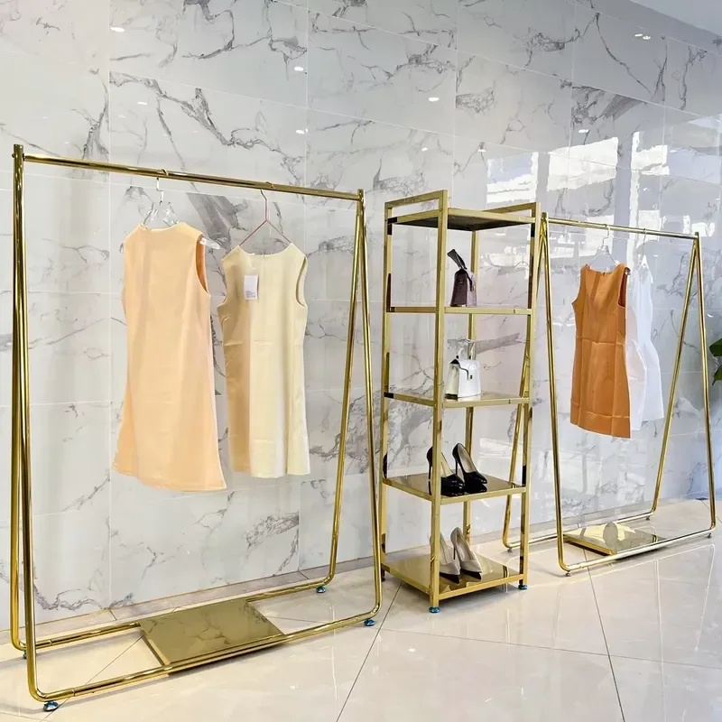 Modern Gold Metal Clothing Display Stand Retail Store Shelf for Garment Exhibition Shining Side Rack Boutique Fashion