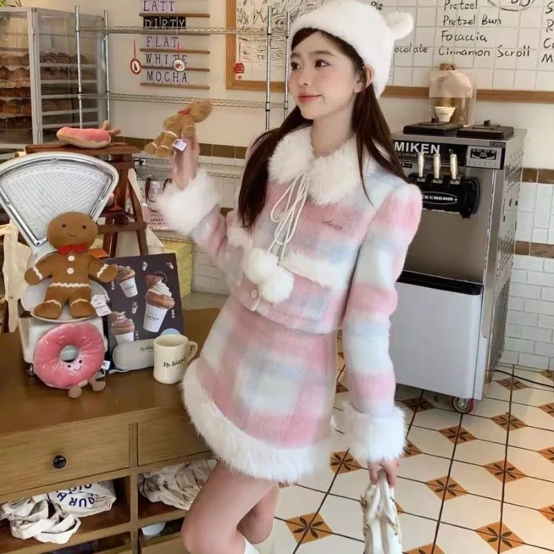 Dolce dolce dolce peluche giuntura Plaid cappotto gonna due pezzi Set donna moda bavero morbido temperamento glutinoso addensare inverno caldo