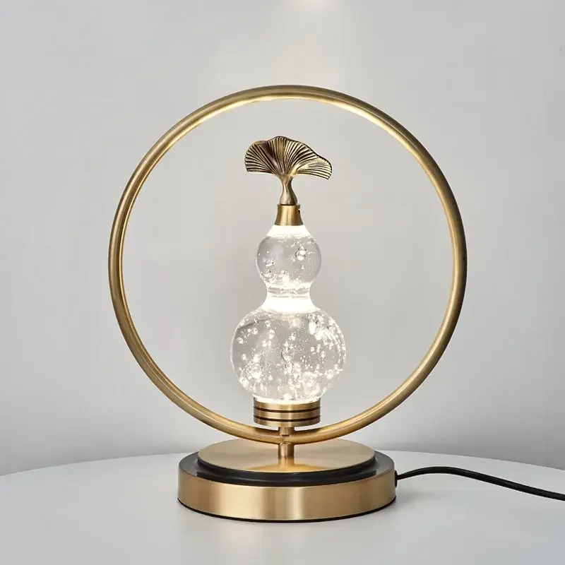 Light Luxury New Chinese Gourd Table Lamp - All-Copper Crystal Design, Suitable for Study, Teahouse & Bedroom
