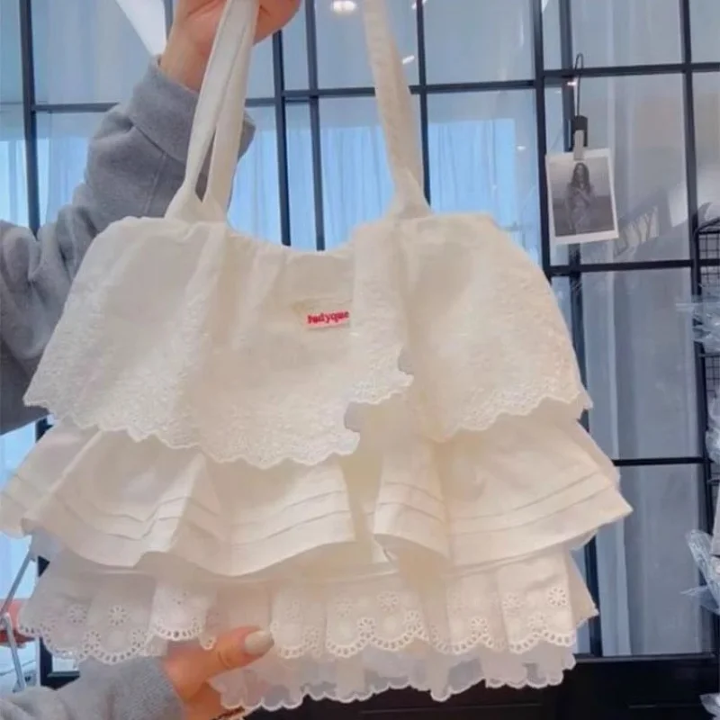 

Charming Lace Trim Tote Bag for Women Spacious Layered Ruffle Shoulder Bag Fashionable Daily Commute Handbag