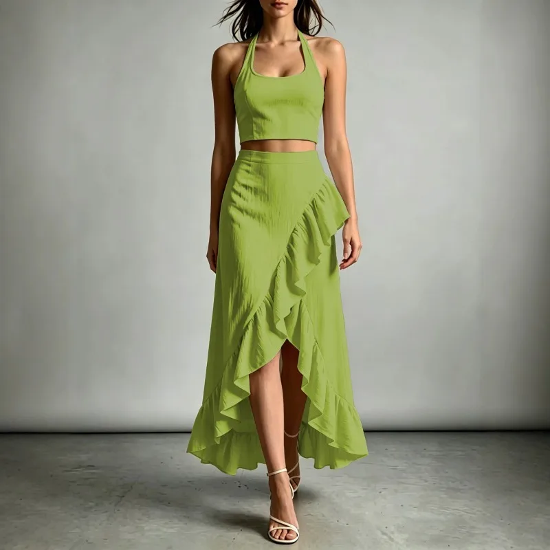 

Women Halter Crop Top And Ruffle Wrap Skirt Two‑Piece Set Solid Color Irregular Maxi Skirt Summer Party Matching Outfits