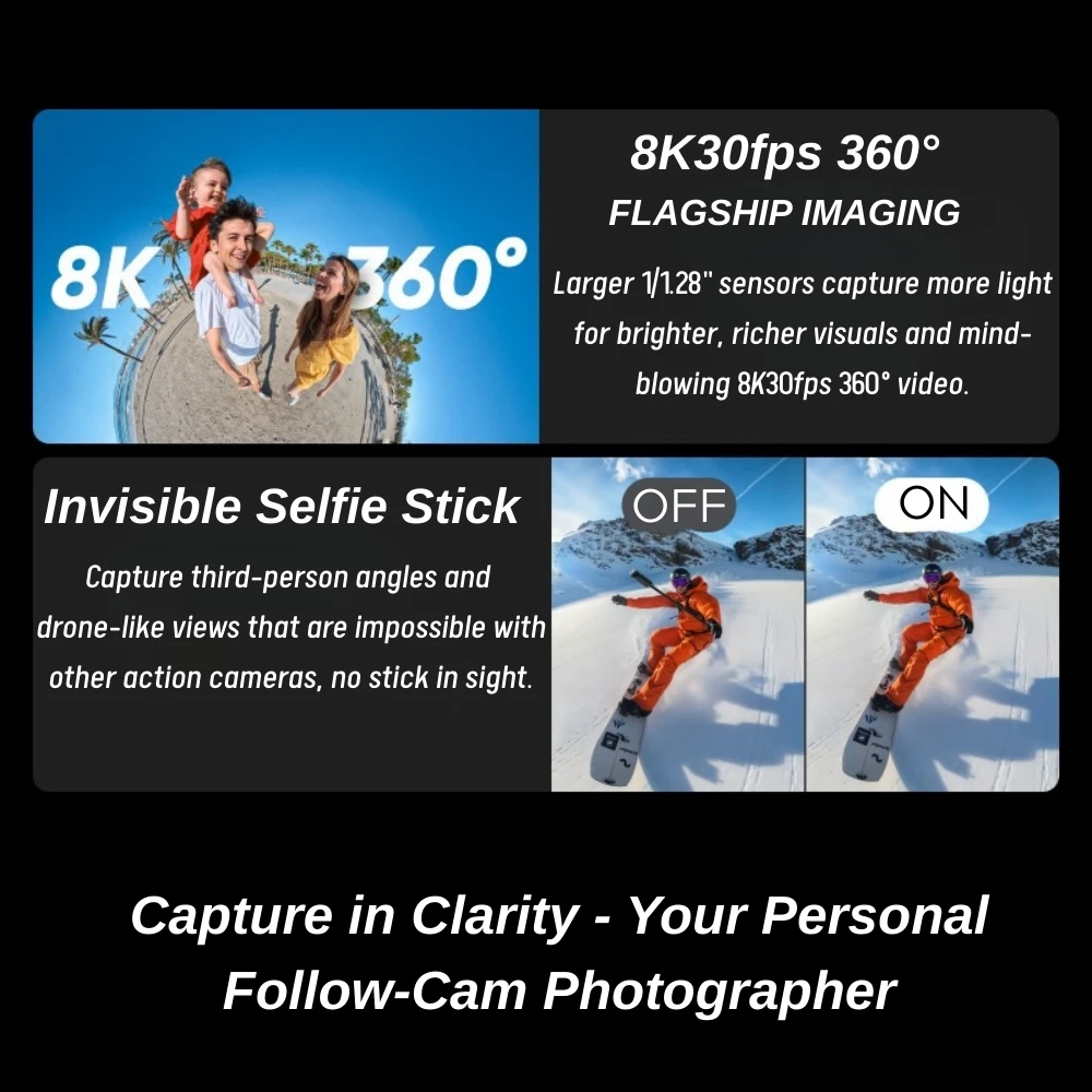 Insta360 X5 مقاوم للماء 15 متر 1/1.28 بوصة أجهزة استشعار 8K 360 HDR فيديو 72MP صور 4K60fps عدسة واحدة Insta 360X5 كاميرا رياضية