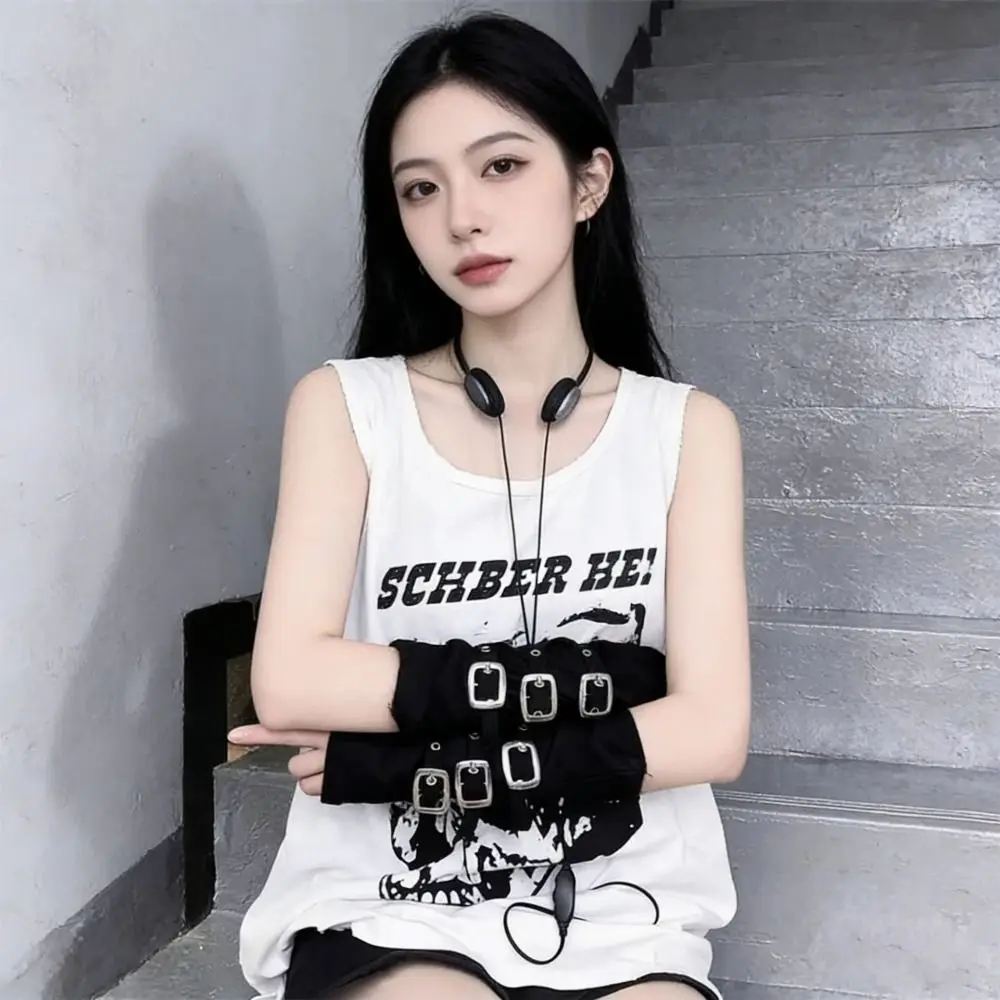 Y2K Black Fingerless Gloves Buckle Design Gothic Metal Button Gloves Hip Hop Party Exaggerated Street Dance Gloves For Women Men