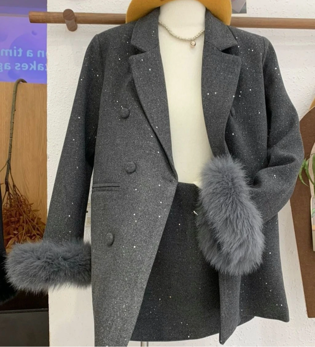 

Winter 2025 Women's Blazer & Skirt Set Thickened Sparkle Office Suit Elegant Two-Piece Formal Outfit