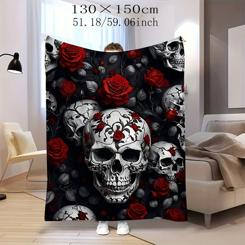

Фланелевое одеяло с 3D-принтом Skull Rose, мягкое полиэстеровое одеяло для кровати, дивана, путешествий