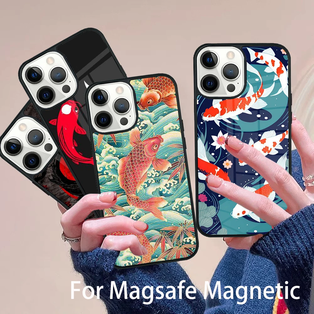 

Koi Fish Phone Case Magesafe Magnetic Wireless Charge Cover For IPhone 16 11 12 13 14 15 Pro Max Plus Mini
