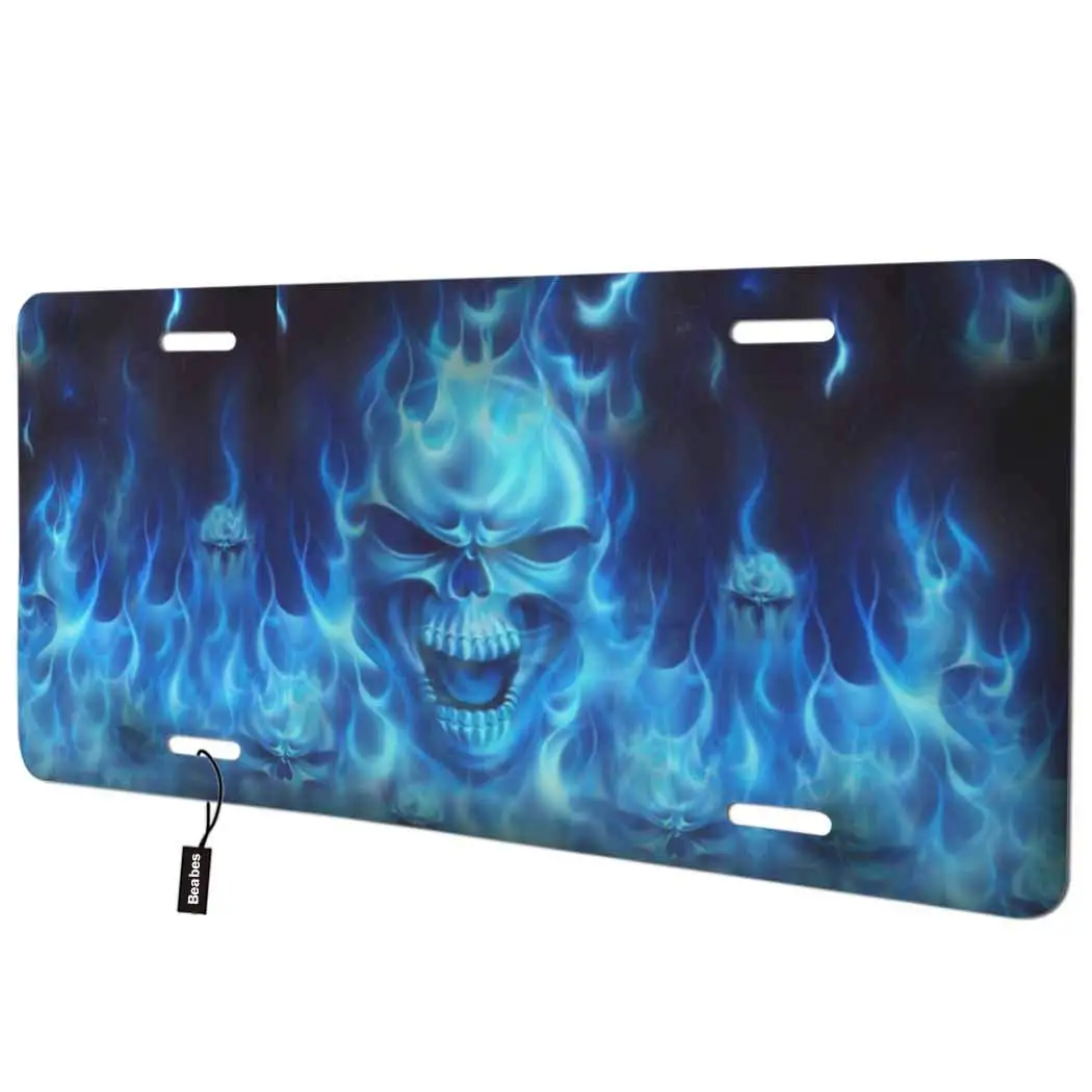 Beabes Blue Fire Skull Front License Plate Cover,Angry Skeleton in The Burning Fire Decorative License Plates for Car,Aluminum N