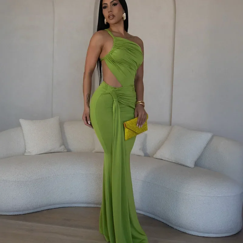 Elegant Ruched หนึ่งไหล่ Bodycon Maxi ชุดผู้หญิงวันเกิด Night Party ชุดราตรีคนดังอย่างเป็นทางการชุดยาวริบบิ้น