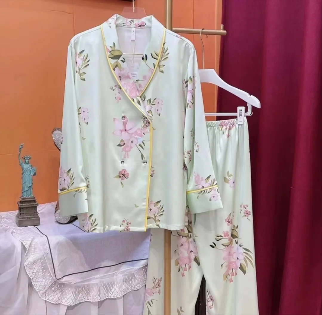 Ice Silk Pajamas for Women Satin Print Sleepwear Long Sleeve Pants 2 Pieces Set Can Be Worn Outside High-quality Home Clothes
