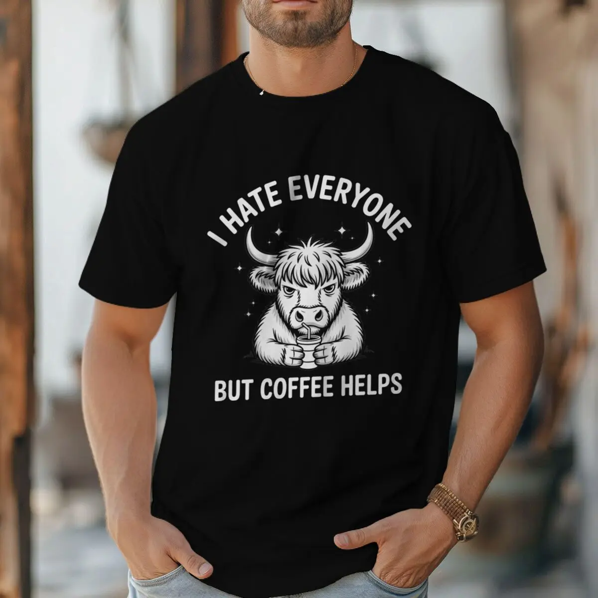 Vintage Highland Cow and Coffee T Shirt Men 