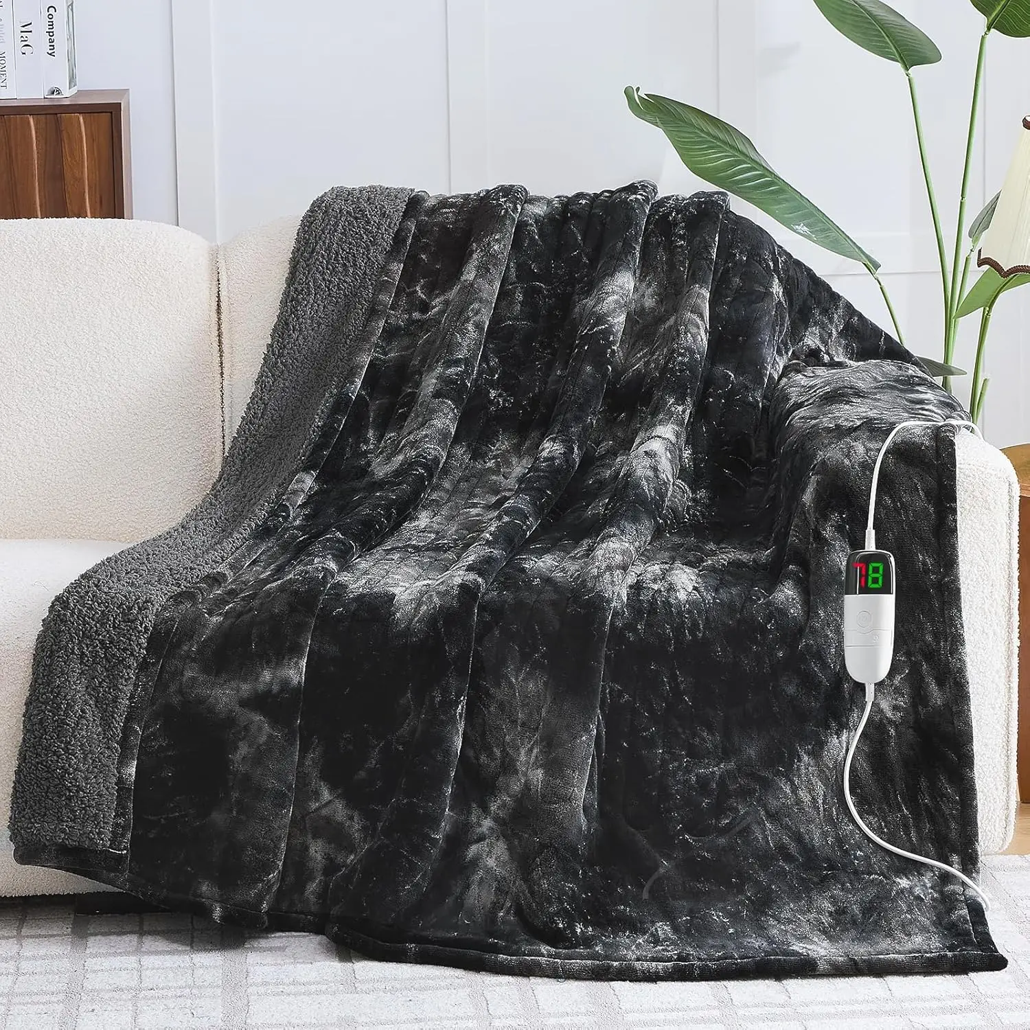 

Faux Fur Sherpa Heated Electric Blanket Throw, 5 Timer & 10 Heat Levels, 50x60 Inch Black for Sofa Bed Winter Warmth
