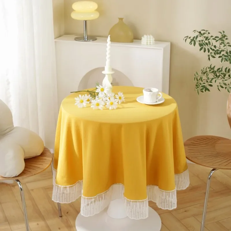 Round Tablecloth with Elegant Lace Edge Cotton Fabric Kitchen Decor Party Grace Table Decoration Dustproof  Machine Washable