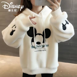 Disney Cute Mickey Minnie Mouse Hoodies Women Autumn Winter Pullover Tops Cartoons Femme Plus Velvet Clothes Warm Soft