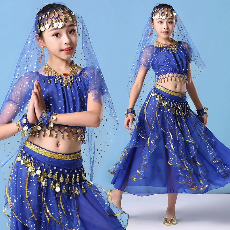 Kids Shiny Sequins India Bollywood Belly Dance Costume Set Children Jasmine Egypt Sari Top Skirt Festival Dancewear Carnival