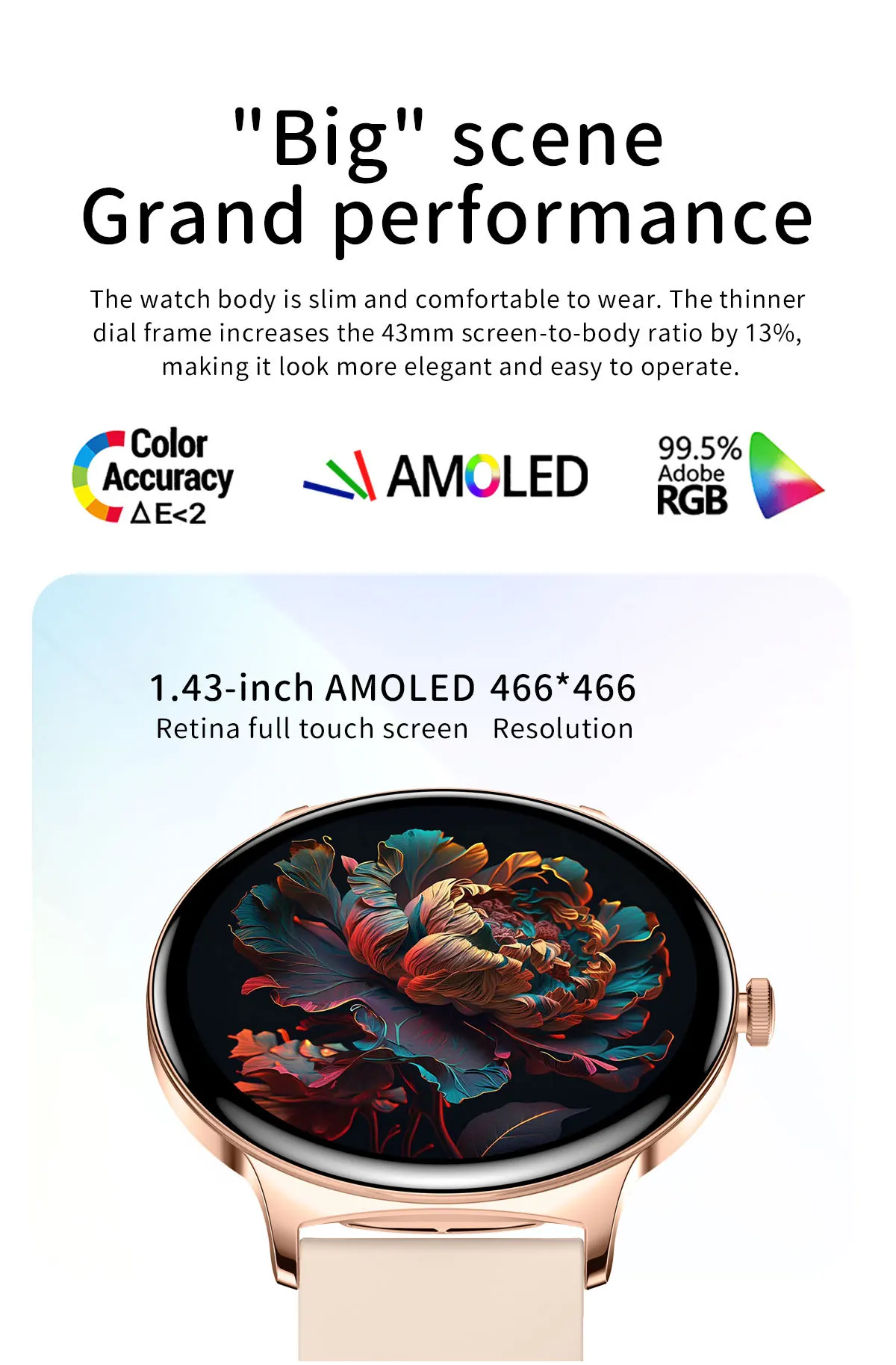 V89 Smartwatch 1.43" AMOLED Round Display Ultra-Thin Metal Case Steel Band Fitness Tracking Custom Logo Multi-Language(Unisex)