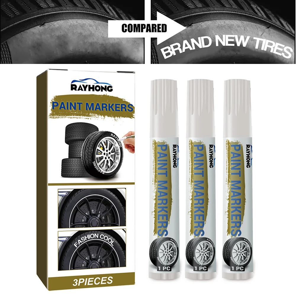 3pcs White Waterproof Tire Marker Pen Quick-Dry Car Wheel Tire Permanent Oily Painting Mark Pen for DIY Graffiti Lettering