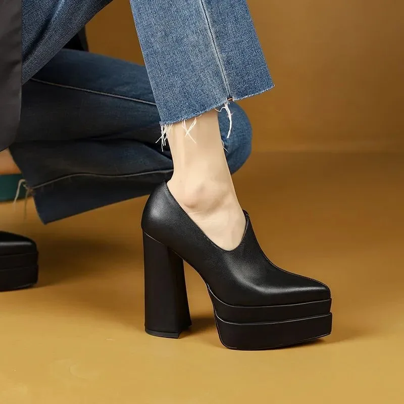 2026Super High Heel Single Shoes Autumn New Pointed Toe Deep Mouth Side Zipper Platform Non-Slip Square Heel Low Top Shoes