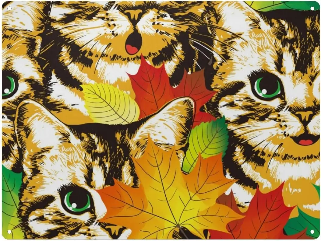 Metal Tin Sign, Autumn Kittens Cat With Maple Leaves Wall Decor Art Signs for Home Coffee Gate Bar -