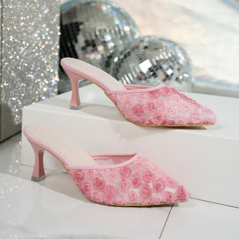 

Summer Women's Fashion High Heel Mules Slippers Elegant Cover Toe Dress Lace Slides Ladies Dancing Party Prom Shoes Plus Size 42